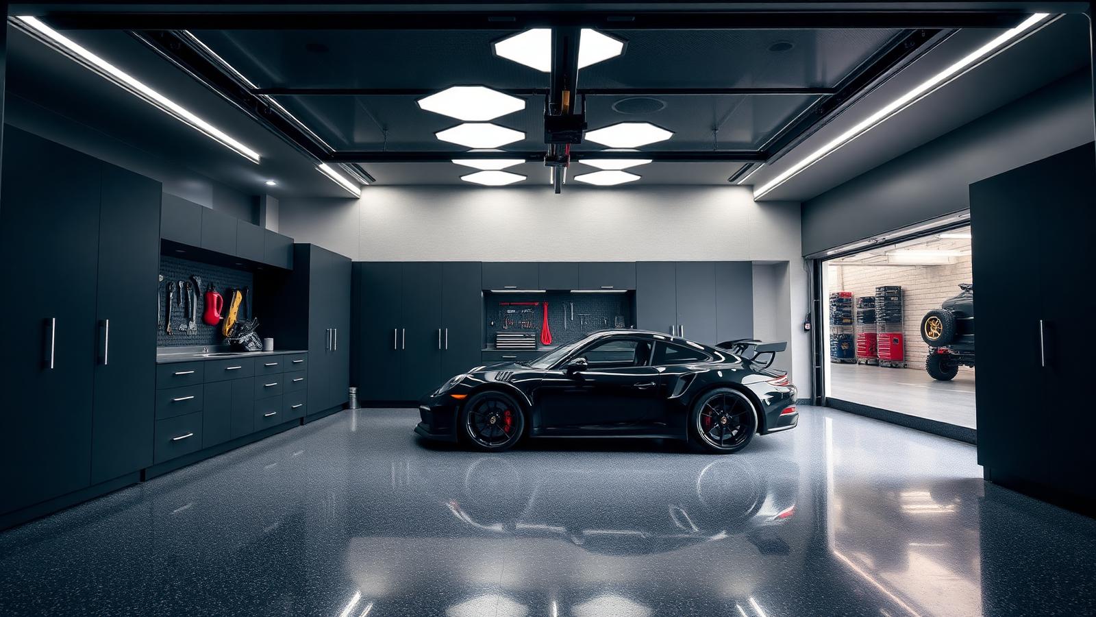 Modern luxury garage with black Porsche and custom cabinets